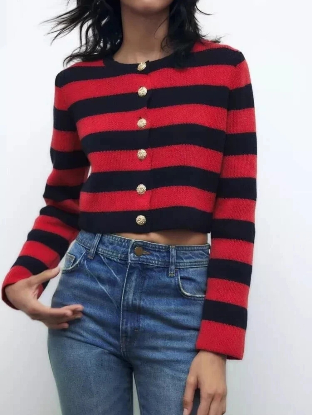 Zara Red and Black Striped Cropped Cardigan with Gold Buttons